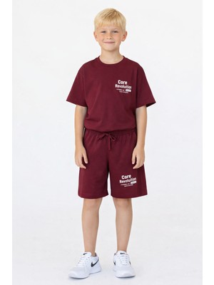 Enie Erkek Çocuk Bordo Pamuklu Kısa Kollu Baskılı T-Shirt ve Şort Ikili Takım