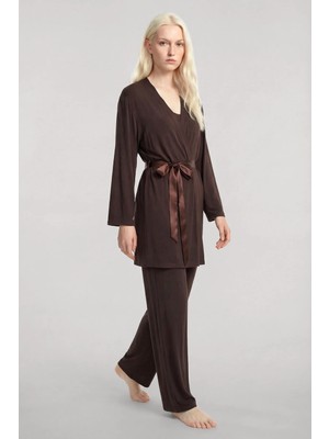 Akbeniz Kısa Kimono 3'lü Takım Kahve