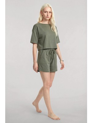 Akbeniz Kısa Kollu Şortlu Pijama Takımı Haki