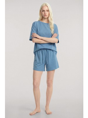 Akbeniz Kısa Kollu Şortlu Pijama Takımı Mavi