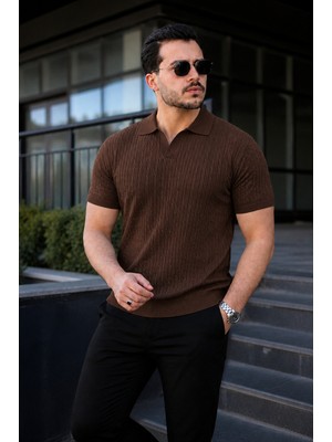 Comstar Erkek Günlük Çizgili Kahve Triko Polo Yaka Tişört