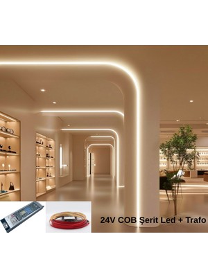 RISHANG Cob Şerit LED 24V ve Ultra Ince Trafo Kiti – 20 Metre Set - Metrede 480 LED – Yüksek Crı > 90 – Noktasız Aydınlatma