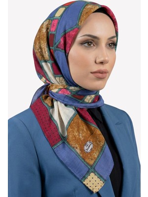 Hadiora Kadın Mavi Taba Geometrik Desenli Dikişli Yazma