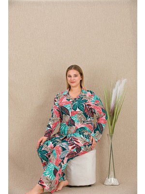 Civetta Büyükbeden Renkli Yaprak Desenli Düğmeli Uzun Kol Viskon Pijama Takımı
