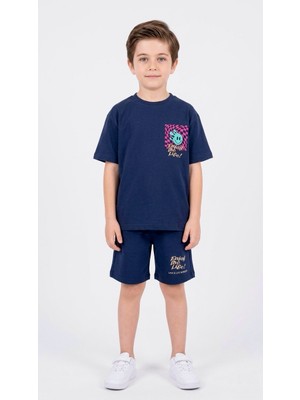 Enie Erkek Çocuk Lacivert Pamuklu Kısa Kollu Yazı Baskılı T-Shirt ve Şort Ikili Takım