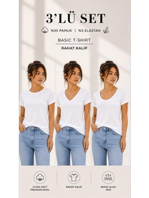 Hayalet Kadın Ultra Soft 3’lü Basic T-Shirt Seti – Loose Fit Premium V Yaka, Bisiklet Yaka, Oval Yaka