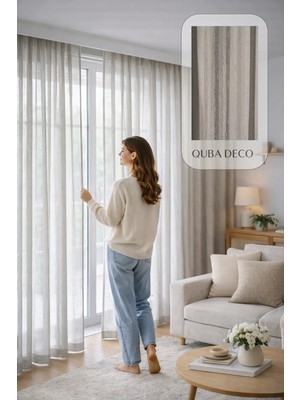 Quba Deco Italyan Keten Tül Dökümlü Natural 1/3 Pile Ütü Istemez Gümüş Tül Perde Salon Oturma Odası Yatak Odası Antre