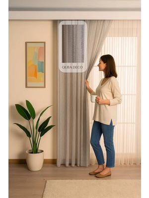 Quba Deco Italyan Keten Tül Dökümlü Natural 1/3 Pile Ütü Istemez Gri Tül Perde Salon Oturma Odası Yatak Odası Antre