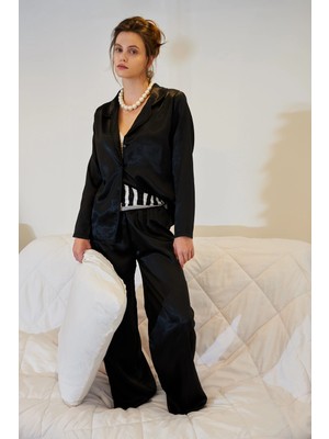 Akbeniz Kadın Siyah Oversize Saten Pijama Takımı