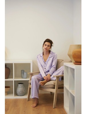 Akbeniz Kadın Lila Oversize Saten Pijama Takımı
