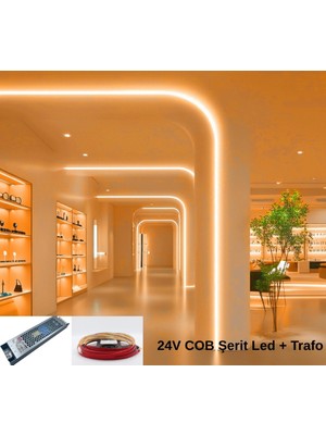 RISHANG Cob Şerit LED 24V ve Ultra Ince Trafo Kiti – 20 Metre Set - Metrede 480 LED – Yüksek Crı > 90 – Noktasız Aydınlatma