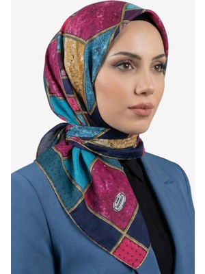 Hadiora Kadın Pembe Lacivert Geometrik Desenli Dikişli Yazma