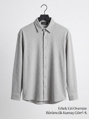 More Black Erkek Gri Oversize Bürümcük Kumaş Gömlek