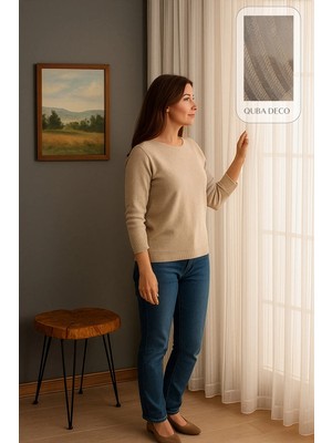 Quba Deco Italyan Keten Tül Dökümlü Natural 1/3 Pile Ütü Istemez Krem Tül Perde Salon Oturma Odası Yatak Odası Antre