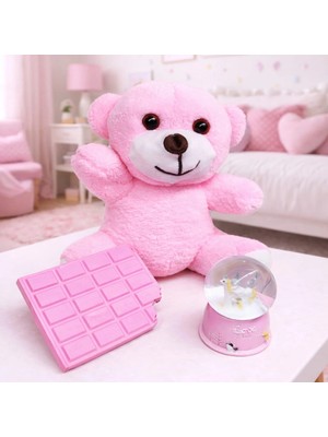 Renas Store Pembe Peluş Ayıcık, Kar Küresi Pembe Çikolata Not Defteri Hediye Seti