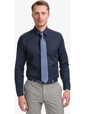 Pierre Cardin Erkek Lacivert Slim Fit Armürlü Uzun Kollu Gömlek 50325354-VR033