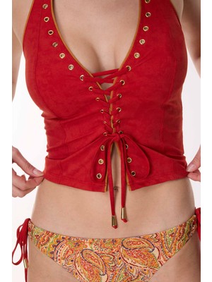 Ayyıldız 6630 Turuncu Şal Desenli Büstiyer Bikini Takımı