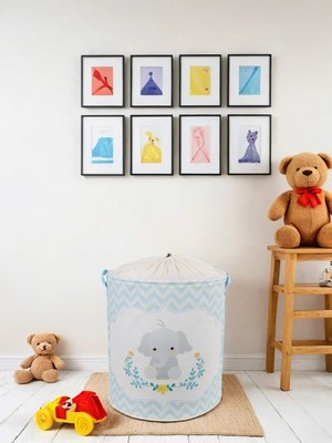 Prendi Home Mavi Fil Baskılı Filesiz Oyuncak Çamaşır Kirli Organizer Düzenleyici Sepet 37 x 40