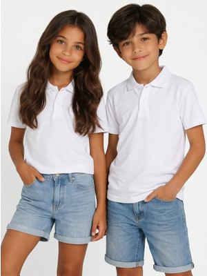 NR Nar Rengi Çocuk Beyaz Polo Yaka Okul Tişörtü %100 Pamuk Basic Rahat Kalıp
