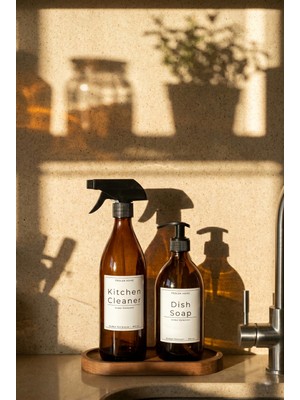 Frolde Ahşap Stantlı 2'li Amber Cam Bulaşık Deterjanı Kitchen Cleaner Sıvı Sabunluk 500ML