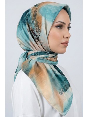 Hadiora Kadın Turkuaz Bej Soyut Desenli Dikişli Yazma