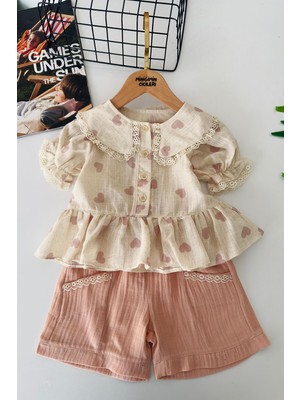 Miniğimin Cicileri Vintage Kalp Desenli Şortlu Kız Çocuk Takım - Somon