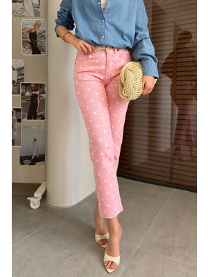 Magarde Premium Kesik Paça Puantiyeli Jean- Pembe