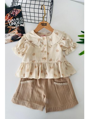 Miniğimin Cicileri Vintage Kalp Desenli Şortlu Kız Çocuk Takım - Bej