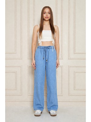 Comstar Kadın %100 Pamuklu Bol Paça Mavi Baggy Pantolon