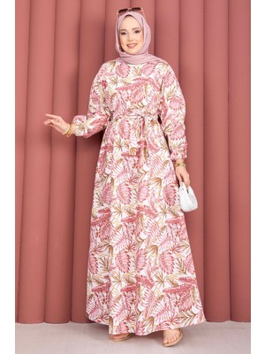 TKM Palmiye Desen Beli Büzgülü Elbise Pembe