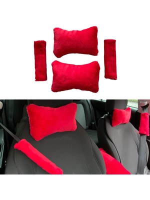 Peluş Ortopedik Araba Seyahat Boyun Yastığı Emniyet Kemer Pedi Seti Kırmızı
