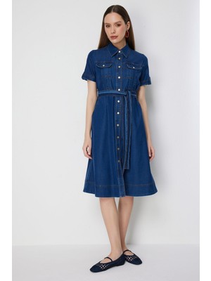 Ekol Kadın Beli Kuşaklı Denim Görünümlü Midi Elbise 6040 Indigo