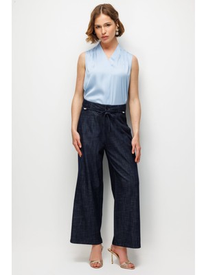 Ekol Kadın Beli Süs Kemerli Bol Paça Pantolon 4934 Indigo