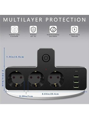 LastTech Akım Korumalı Çoklu Priz, 3 Adet USB 1 Adet Type-C Girişi, 3 Adet Priz Girişi, 2500W Termal Koromalı