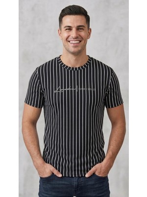 Original Erkek Dikey Çizgili Rahat Kesim Bisiklet Yaka T-Shirt