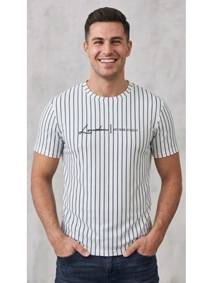 Original Erkek Dikey Çizgili Rahat Kesim Bisiklet Yaka T-Shirt
