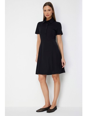 On Kadın Polo Yaka Kısa Kollu Mini Elbise 76494 Siyah