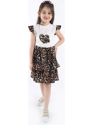 Aden Kids Kız Çcouk Leopar Desenli Alt Üst Etekli Takım