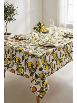 Rona Home Pamuklu Dokulu Dekoratif Masa Örtüsü Sarı Limon ve Yeşil Yaprak Desenli Modern Şık Sunum