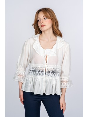MissVina Lace Yaka Fırfır ve Bel Tül Dantel Detaylı Kadın Bluz Gömlek