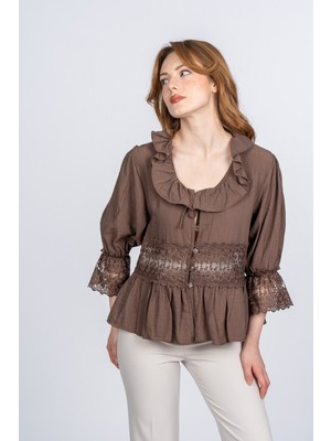 MissVina Lace Yaka Fırfır ve Bel Tül Dantel Detaylı Kadın Bluz Gömlek