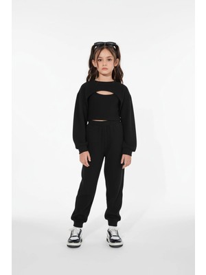 Aden Kids Kız Çocuk Siyah Waffle Örme 3 Parça Alt Üst Takım - Uzun Kollu Crop ve Boru Paça Jogger