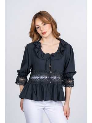 MissVina Lace Yaka Fırfır ve Bel Tül Dantel Detaylı Kadın Bluz Gömlek