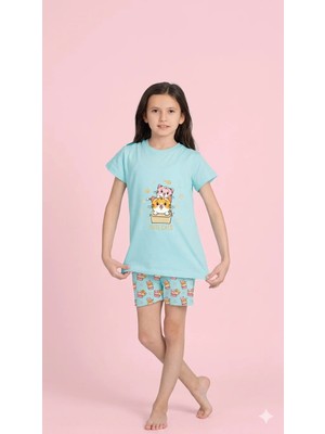 Elmas Kids Kız Çocuk Yazlık Şortlu Pijama Takım Kedi ELM-4214