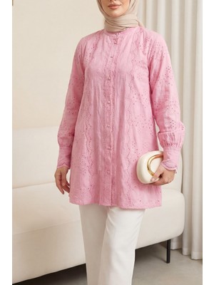 Moda Morfo Yakası Ve Kolu Dantelli Top Düğmeli Astarlı Gömlek  -Pembe