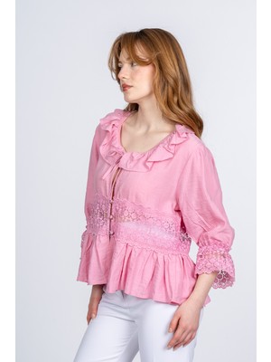 MissVina Lace Yaka Fırfır ve Bel Tül Dantel Detaylı Kadın Bluz Gömlek