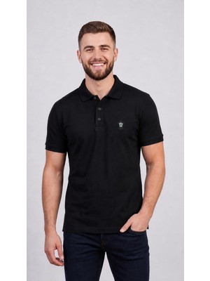Roballi Regular Fit Polo Yaka Düz Pamuklu Erkek Siyah Kısa Kol Tişört