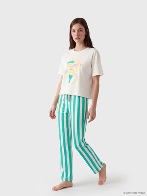 LC Waikiki Bisiklet Yaka Baskılı ve Çizgili Kadın Pijama Takım  (S6)