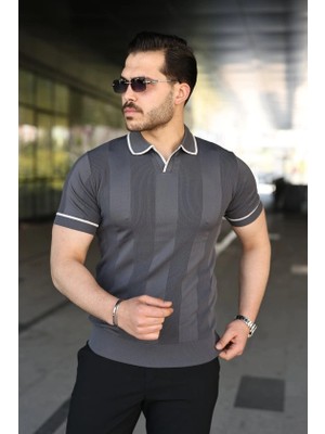 Defy Moda Erkek Dokulu Desen Yakalı Kısa Kollu Tişört