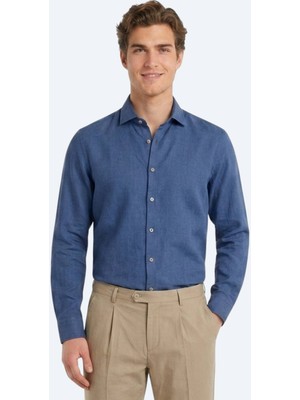Kip Indigo Düz Regular Fit Uzun Dokuma Casual Pamuk Karışımlı Gömlek
